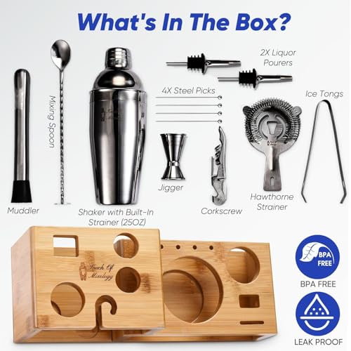 Bartender Kit with Cocktail Shaker, Stylish Bamboo Stand, Liquor Pourers for an Perfect Drink Mixing Experience - 14 Piece Barware Essentials Cocktail Shaker Set (Dark Metallic) - color: Dark Metallic