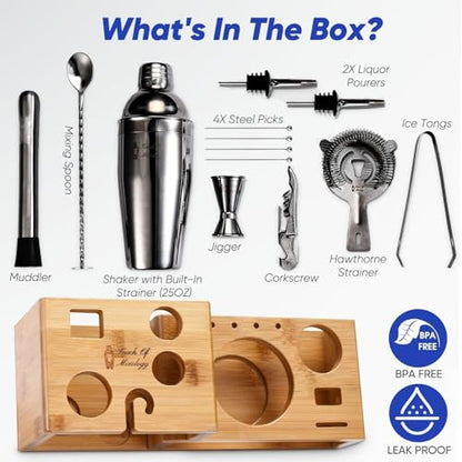 Bartender Kit with Cocktail Shaker, Stylish Bamboo Stand, Liquor Pourers for an Perfect Drink Mixing Experience - 14 Piece Barware Essentials Cocktail Shaker Set (Dark Metallic) - color: Dark Metallic