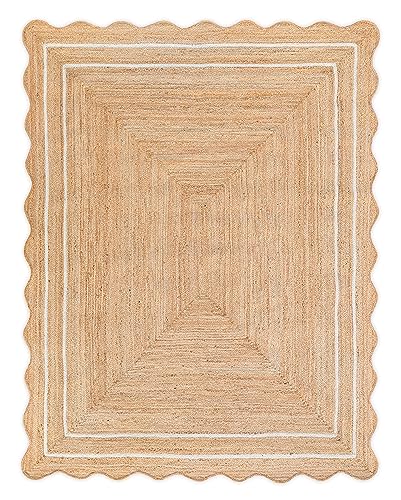 Scalloped Jute Runner, Off White, 9'x12', Rustic, Indoor, Rectangular, Hand-braided, Wave Scalloped Design, Eco-friendly, Versatile, Adult, Unisex - color: Off White, size: 9'x12' (Rectangular)