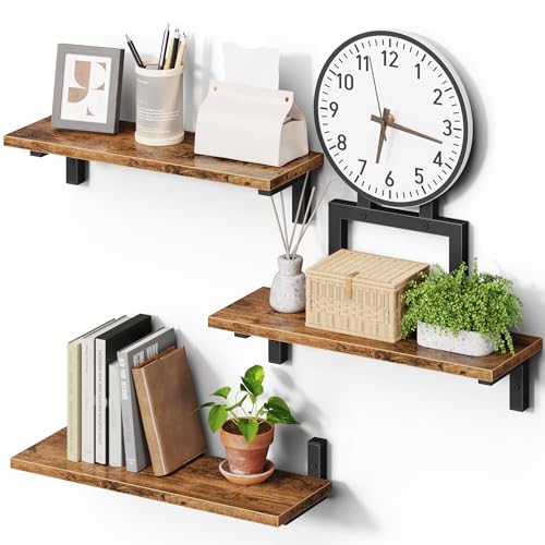Floating Wall Shelves Set of 3 with Clock, 15 Inch | Wood Shelves, Rustic Finish, Wall Mounted, Storage Display, Farmhouse Style, Living Room, Bedroom, Bathroom, Kitchen