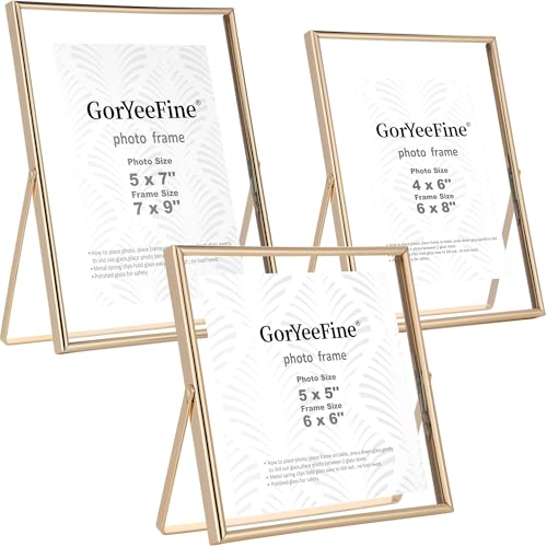 Gold Floating Picture Frames Set of 3, Metal Geometric Photo Frame with Glass Cover Includes(5x7'',4x6'', 5x5''),Tabletop Floating Picture Frames for Home Wedding Decoration,Gift for Christmas,Wedding - color: Gold, size: Mixed 3PK(6x6'' 6x8'' 7x9'')