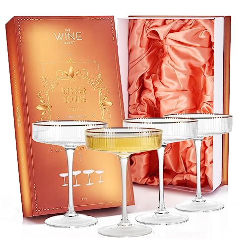 Vintage Art Deco Coupe Glasses, Martini, Champagne & Cocktail Ribbed Glass 7 oz | Set of 4 | Crystal, Manhattan, Cosmopolitan, Sidecar Cocktail Glassware for Champagne , Ripple Glassware - Gift Box - color: Gold Rim, size: 7 oz (Set of 4)