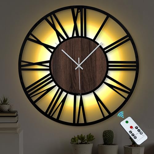LEIKE 24'' Large Wall Clocks Battery Operated - Led Lighted Vintage Wood Non Ticking Wall Clock with Remote Timer for Living Room, Office, Bedroom, Farmhouse, Home Modern Decor, Large Number Display - color: Brown-roman, size: 24 Inch
