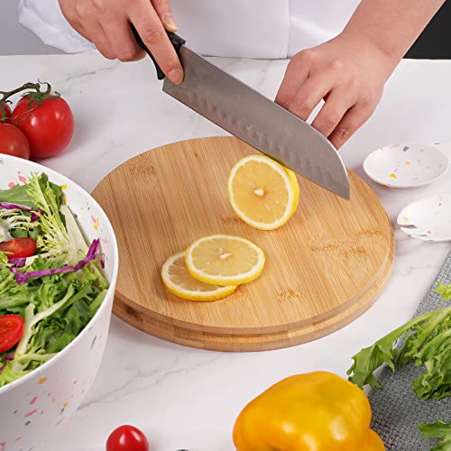 ECOWAY Melamine Salad Bowl with Bamboo Lid & Servers, Bamboo Fiber Salad Serving Bowl 4Qt, Salad Mixing Utensils with Tongs Spoon for Salad, Fruit, Soup, Vegetables, Pasta, Dessert Bowls, 9.84 Inches - color: Marbling with lid