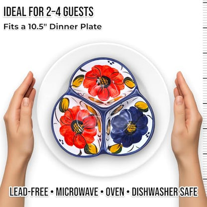 3-Compartment Ceramic Serving Dish, Handmade in Spain | 7.5” divided chip and dip bowl with lead-free glaze, microwave, oven and dishwasher safe, ideal for tapas, snacks and sauces - color: Fiesta Flower