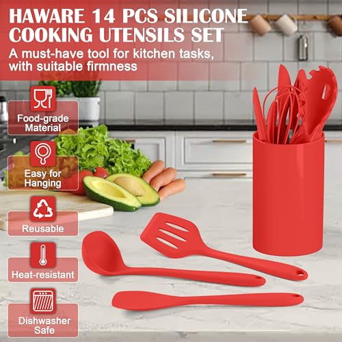 HaWare Kitchen Utensils, 14 PCS Silicone Cooking Utensils Set, Heat Resistant Kitchen Utensils for Non-stick Cookware, Kitchen Gadgets Tools with Spoons, Spatulas, Whisk, Dishwasher Safe (Red) - color: Red
