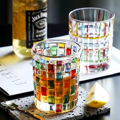 Set of 6 or 5 Hand-painted Colorful Glass Tumblers, Drinking Glassware, Cocktail Glasses for Iced Coffee Juice Tea Beverage Milk Wine With Artistic Design - color: Woven-Bag Design Set of 6