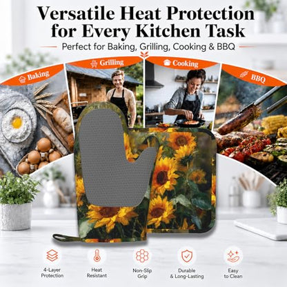 Abstract Oil Painting Sunflower Oven Mitt and Pot Holder with Silicone Heat Resistant Kitchen for Cooking BBQ Baking Grilling Cooking Protection - color: Abstract Oil Painting Sunflower