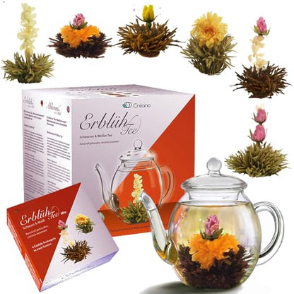 Creano Blooming Tea Gift Set with Glass Pot 17oz/500ml with 6 Flowering-Tea each 3pcs White & Black Tea
