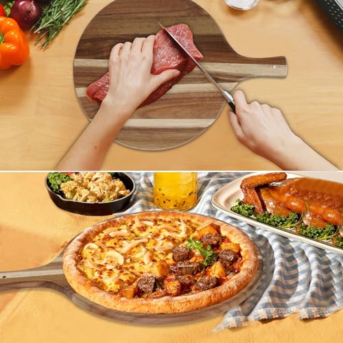 Acacia Wood Round Cutting Board with Handle, 15.7" x 11.8" | Small Decorative Charcuterie Board for Kitchen, Wooden Chopping Board, Serving Board for Cheese, Meat, Vegetables, Bread - size: 15.7"L x 11.8"W
