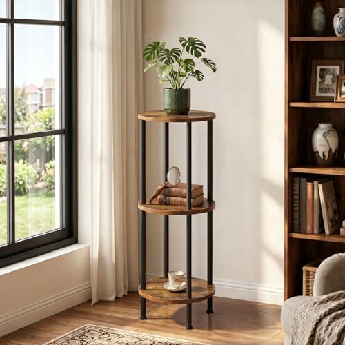 HOOBRO Plant Stand Indoor, 3 Tier 35.2" Tall Small Plant Shelf, Round Potted Holder Rack, Modern Flower Stand for Living Room Balcony Garden, Rustic Brown and Black BF13HJ01