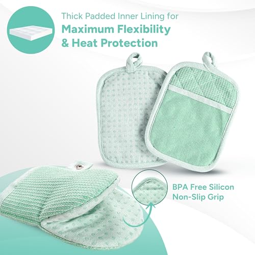 Casa Platino Potholders & Oven Mitts Heat Resistant, 8-Piece Mini Oven Mitt with Silicone Grip, Potholder for Kitchens, 2 Kitchen Towels & 2 Dish Cloths – Durable & Non-Slip – Sage - color: 01: Oven Mitts - Sage, size: Oven Mitt Set - 8 Pack