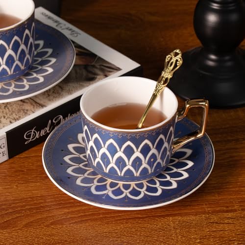 KAMMAK Tea Cups and Saucers Set of 2, Fine Bone China Coffee Cups, NX027 | Stackable Espresso Mugs, Ceramic Demitasse for Coffee, Cappuccino, Latte, Americano, Tea - size: 8CZNX027