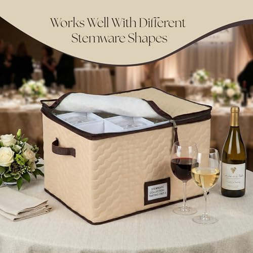 Wine Glass Storage Box with Dividers, Holds 12 Glasses up to 3.75" Wide | 2 Pack, Stemware Storage Case, Protects Fine China, Durable Quilted Microfiber, Carry Handles, Ideal for White Wine - size: Red & White Wine, style: 2 Pack