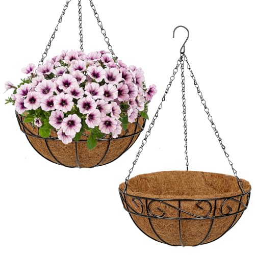 2 Pack 12 inch Metal Hanging Baskets for Plants, Round Metal Wire Hanging Basket Planter with Coco Fiber Liners Chain for Garden Home Porch Patio, Flower Border - size: 12" x 2 Pack, style: Flower Border