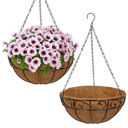 2 Pack 12 inch Metal Hanging Baskets for Plants, Round Metal Wire Hanging Basket Planter with Coco Fiber Liners Chain for Garden Home Porch Patio, Flower Border - size: 12" x 2 Pack, style: Flower Border