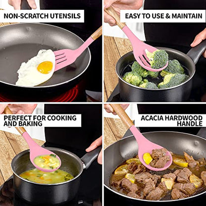 Zulay Kitchen 5 Piece Silicone Utensil Set | Non-Stick Silicone Cooking Utensils Set with Acacia Wood Handles - 464°F Heat Resistance Kitchen Utensils Set - Pink - color: Pink, size: 5-Piece Set