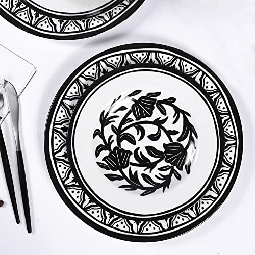 Melamine Dinnerware Sets-12pcs Melamine Plates and Bowls Set, Round | Unbreakable, Dishwasher Safe, Indoor Outdoor Use, Ideals for Parties, Camping Dish Set, Black and White Pattern - color: Black White