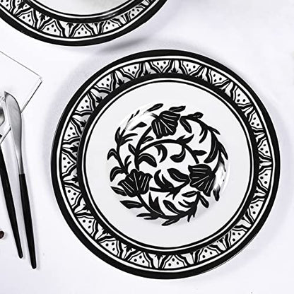 Melamine Dinnerware Sets-12pcs Melamine Plates and Bowls Set, Round | Unbreakable, Dishwasher Safe, Indoor Outdoor Use, Ideals for Parties, Camping Dish Set, Black and White Pattern - color: Black White