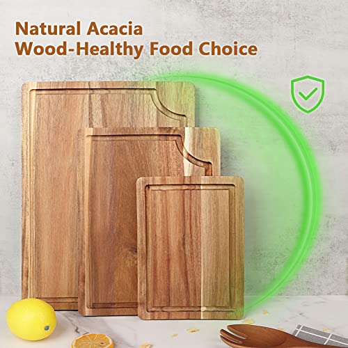 Acacia Wood Cutting Board Set with Juice Groove (3 Pieces), Organic Wooden Cutting Boards for kitchen, Butcher Block Cutting Board for Meat, Vegetable, Wooden Chopping Board 15x10, 12x8, 9x6 inch - color: Light Brown