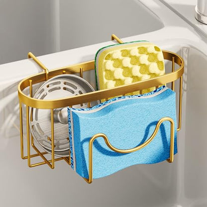 SWTYMIKI Sponge Holder for Kitchen Sink - Movable Kitchen Sink Caddy with M Shape Hook, Stainless Steel Hanging Sponge Caddy for Dish Sponge, Brush, Stopper Organizer in Double Sink, Gold - color: Gold-regular