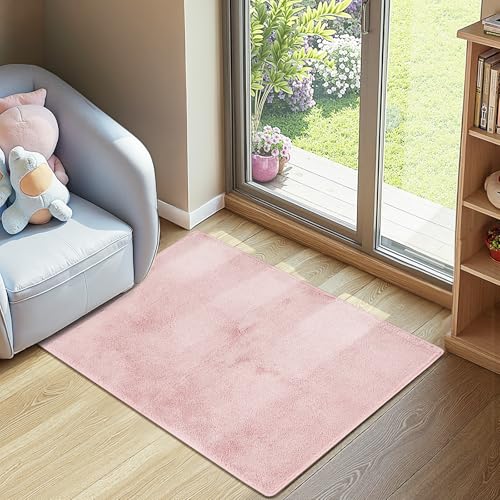 jinchan Solid Plush Area Rug 2x3 Performance Shaggy Washable Rug Indoor Entryway Doormat Soft Modern Faux Wool Cozy Non Slip Carpet for Living Room Kid Room Bedroom Nursery Pink - color: Solid Pink, size: 2' x 3' (Rectangular)