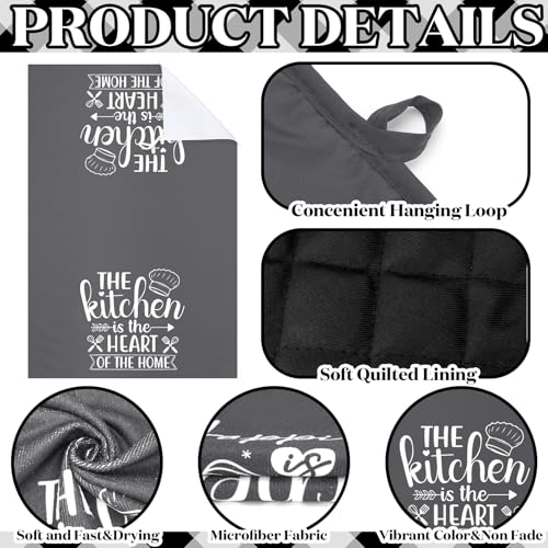 Sratte 12 Pcs Farmhouse Kitchen Decor and Accessories Sets 4 Black and Grey Kitchen Towels 4 Pot Holders 4 Oven Mitts Gloves for Home Rustic Decor Baking Cooking Supply