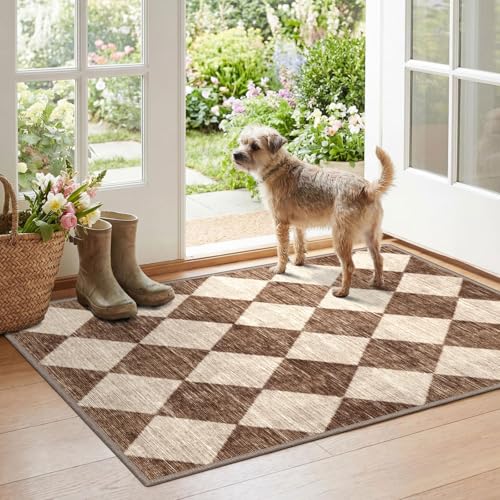 Checkered Entryway Rug - 28"x43" Front Door Mat Indoor Entrance | Non-Slip Washable Doormat Outdoor Mat Rustic Brown Beige Modern Farmhouse Rug for Entryway Kitchen Bedroom Fall Porch Decor - color: Diamond - Brown Beige, size: 2'4" x 3'7" (Rectangular)
