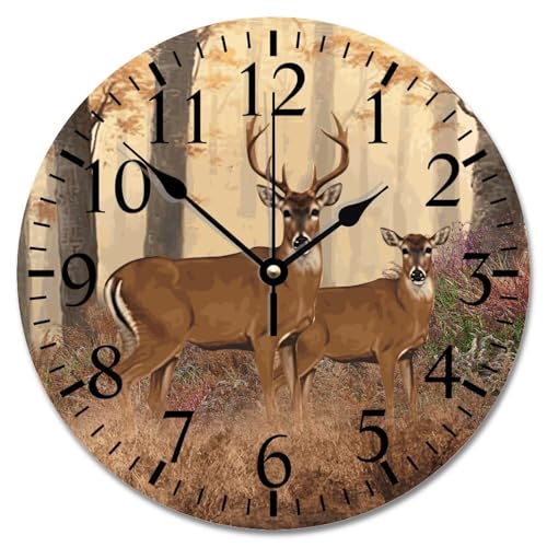 Deer Buck Large Wooden Wall Clocks Battery Operated 12 Inch Autumn Hunting Clock Rustic Wall Art Farmhouse Home Decor for Bedroom Living Room Kitchen School Office