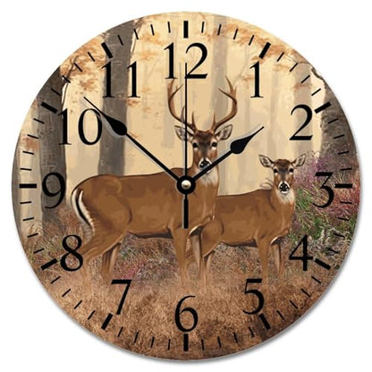 Deer Buck Large Wooden Wall Clocks Battery Operated 12 Inch Autumn Hunting Clock Rustic Wall Art Farmhouse Home Decor for Bedroom Living Room Kitchen School Office