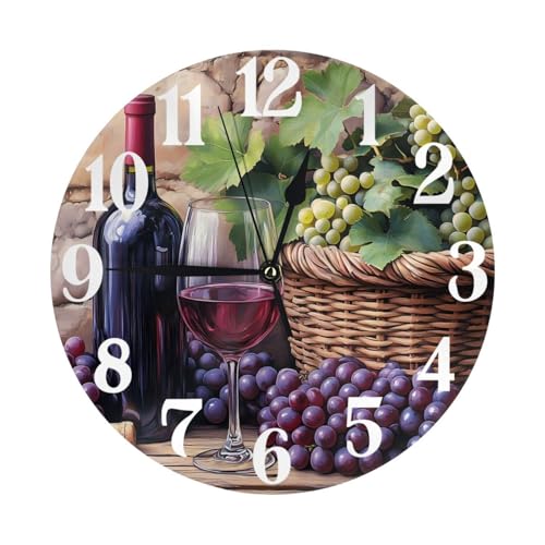 Grape Wine Bottle Clock for Living Room Wall Clock Round Kitchen 10 Inch Non-Ticking Silent Quartz Atomic Analog Clocks Decorative Bedroom - color: Wine Bottle