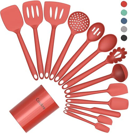 Coukre Silicone Kitchen Cooking Utensils Set, Heat Resistant, 14-Piece | Dishwasher-Safe, Food-Grade Silicone, BPA-Free, Spatulas, Spoons & Turner, Safe for Nonstick Cookware, PureRed - color: PureRed