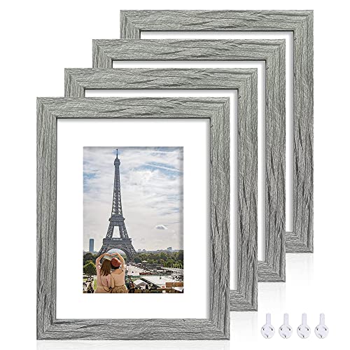 Hongkee 8x10 Picture Frame Set of 4, Made of Real Glass and Grey Wooden Frame, 8 by 10 Photo for Wall or Tabletop - Display Picture 5x7 with Mat or 8x10 Without Mat - color: Grey, size: 8x10 in