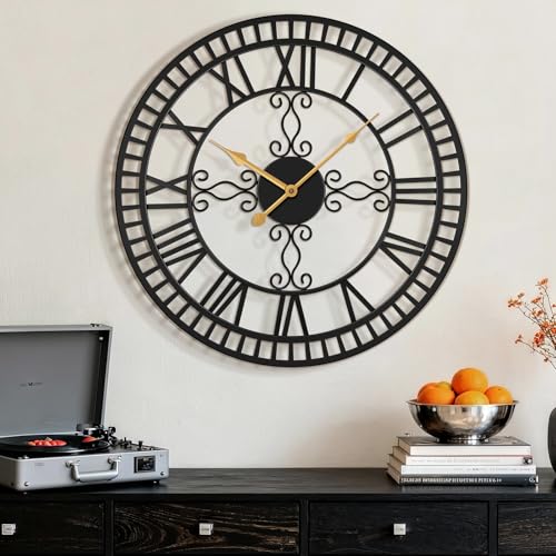 24" Large Wall Clock, Big Clock for Living Room Decorative, Black Large Wall Clocks Battery Operated with Metal Roman Numeral, Completely Silent, Non-Ticking for Bedroom, Kitchen,Fireplace - size: 24 inch