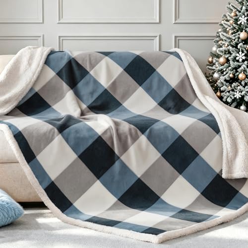 PU MEI Sherpa Fleece Throw Blanket 60" x 80" Reversible Plush Fluffy Large Big Blanket Lattice Flannel Blankets for Sofa Couch Bed (Grey-Soft Blue, 60"*80") - color: Grey-blue, size: 60"*80"