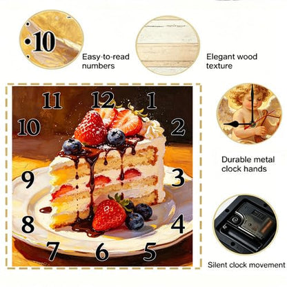 Wooden Square Wall Clock 10 Inch Silent Non-Ticking Dessert & Cake Style Suitable for Cake Shop Kitchen Bedroom Living Room Dining Room - color: C5