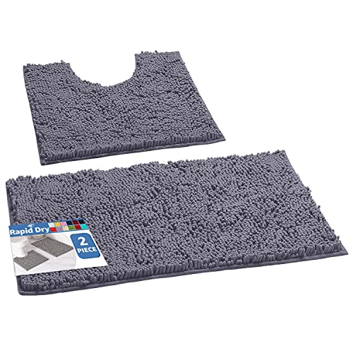 LuxUrux Bathroom Rugs Sets 2 Piece, Bathroom Rug Set, Soft Absorbent Chenille Bath Mat & Contour Toilet Rug, Non Slip, Quick Dry, Machine Washable Shaggy Bathroom Mats (Gray, 20"x30"+20"x20" U-Shaped) - color: Dark Grey, size: 2 Piece Set