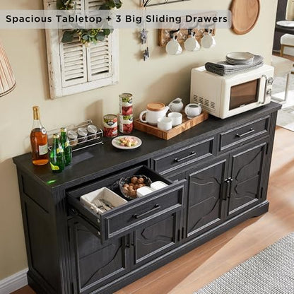 66" Farmhouse Buffet Cabinet with Storage, Sideboard Credenza, Carved Cloud-Inspired Doors, 3 Drawers & Adjustable Shelves, Coffee Bar Cabinet, Black - color: Black