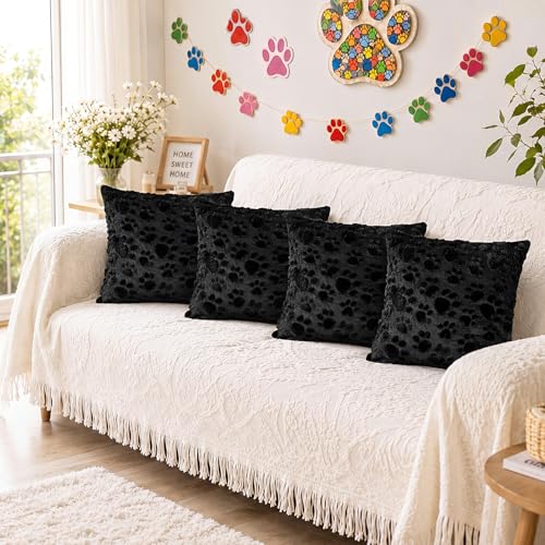 Tiamon 4 Pcs Paw Pillow Covers Paw Print Throw Pillow Covers 18 x 18 Inch Animal Pet Dog Cat Footprints Plush 3D Faux Fur Jacquard Embroidered Cushion Cases for Bed Sofa Couch Decorations - style: Black Paw