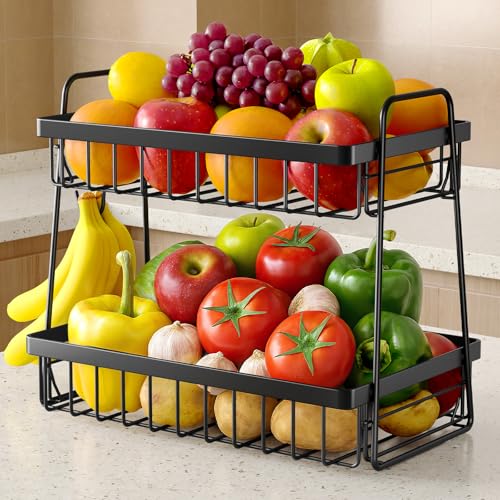 Sakugi Fruit Basket for Kitchen Counter - 2-Tier Fruit Bowl with Removable Banana Hanger & Handles, Rustproof Fruit Holder for Kitchen, Living Room, Bathroom, 13.4"×8.7"×11.7", Black - color: Black, size: 2T Large