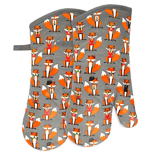 Oven Mitts 1 Pair, Non Slip Clear Silicone Printed Rooster Kitchen Gloves | Heat Resistant 480 ℉ Comfortable Cotton Lining Kitchen Men Cooking Barbecue Machine Washable (Fox, Gray Mittens) - color: Fox, Gray Mittens