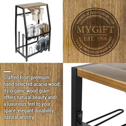 MyGift Acacia Wood & Black Metal Entryway Organizer: 2-in-1 Shoe Rack with Shelf & Boot Storage for 8 Pairs - Rustic Modern Entry Table with Adjustable Feet (Foyer/Mudroom/Garage) - color: Acacia Wood & Black Metal