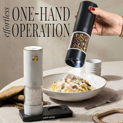 Styled Settings Rechargeable Electric Salt and Pepper Grinder Set | Automatic Salt and Pepper Shaker Set with USB-C Port, LED Light, Adjustable Coarseness, One Touch Control, Stainless Steel - color: Black/White