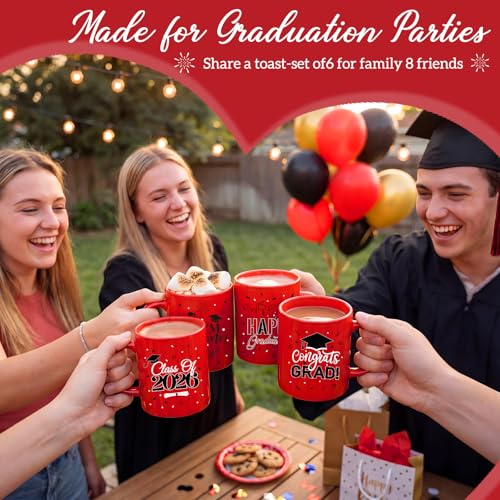 Pickmesh Graduation Coffee Mug Set of 6, 10 oz Red Ceramic Enamel Mugs with Handle, Class of 2026 & Congrats Grad Designs, Graduation Party Supplies, Grad Gift Cups for Coffee Tea Cocoa - color: Red, style: Graduation