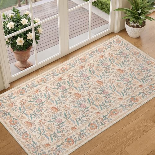 DUKINO 2x4 Rug, Washable Vintage Floral Entryway Rug Non Slip, Beige | Low Pile, Non-Shedding, Stain Resistant Boho Lightweight Soft Indoor Carpet for Kitchen Bathroom Hallway Laundry Farmhouse - color: Beige Peach, size: 2' x 4' (Rectangular)