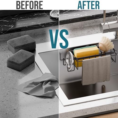 TAILI 4-in-1 Sponge Holder for Kitchen Sink with Strong Suction Cup-Black | Removable Rustproof 304 Stainless Steel Multi-compartment Sponge Holder with Suction Cup, Keeps Brushes & Scrubbers Tidy - color: Black, size: 7.28" x 2.36"
