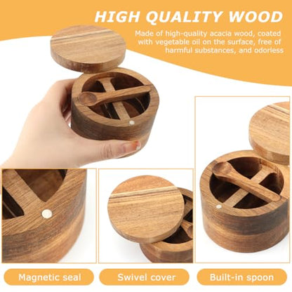 Saycker Wood Salt and Pepper Bowl, with Swivel Lid and Spoon Round Salt Container Spices Storage Box(10.3cm/4.06inch Dia) - color: L