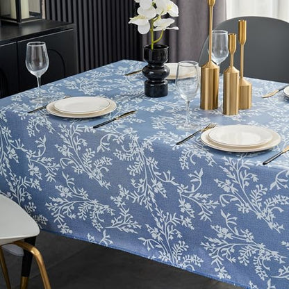 Pioggia Vinyl Tablecloth with Flannel Backing - Waterproof, Oil-Proof, Easy to Clean -Plastic Table Cloth - Perfect for Dining Tables, Kitchen Tables, Parties (Blue Leaves, 54×72 Inch Rectangular) - color: Blue Leaves, size: 72" x 54" (Rectangular)