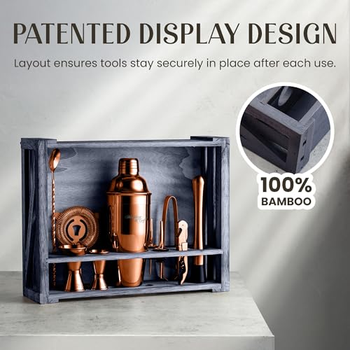 Mixology & Craft Rustic Cocktail Shaker Set – Includes Wood Stand, Complete Barware Kit with 24 Oz Shaker, Dual Jiggers, Pourers, Muddler, Strainer – Perfect for Home Bartenders (Copper) - color: Copper