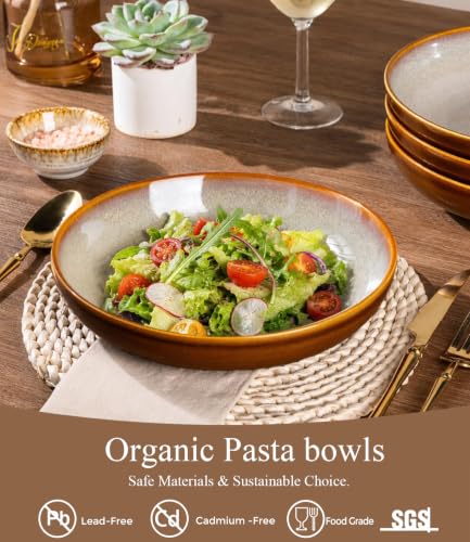 LERATIO 9.0" Ceramic Pasta Bowls Set of 4,38oz Large Stoneware Bowls Set | Reactive Glaze Serving Bowls Set,Wide Bowl for Pasta,Salad,Fruit & Noodles,Housewarming & Wedding Gift-Khaki - color: Khaki, size: Set of 4